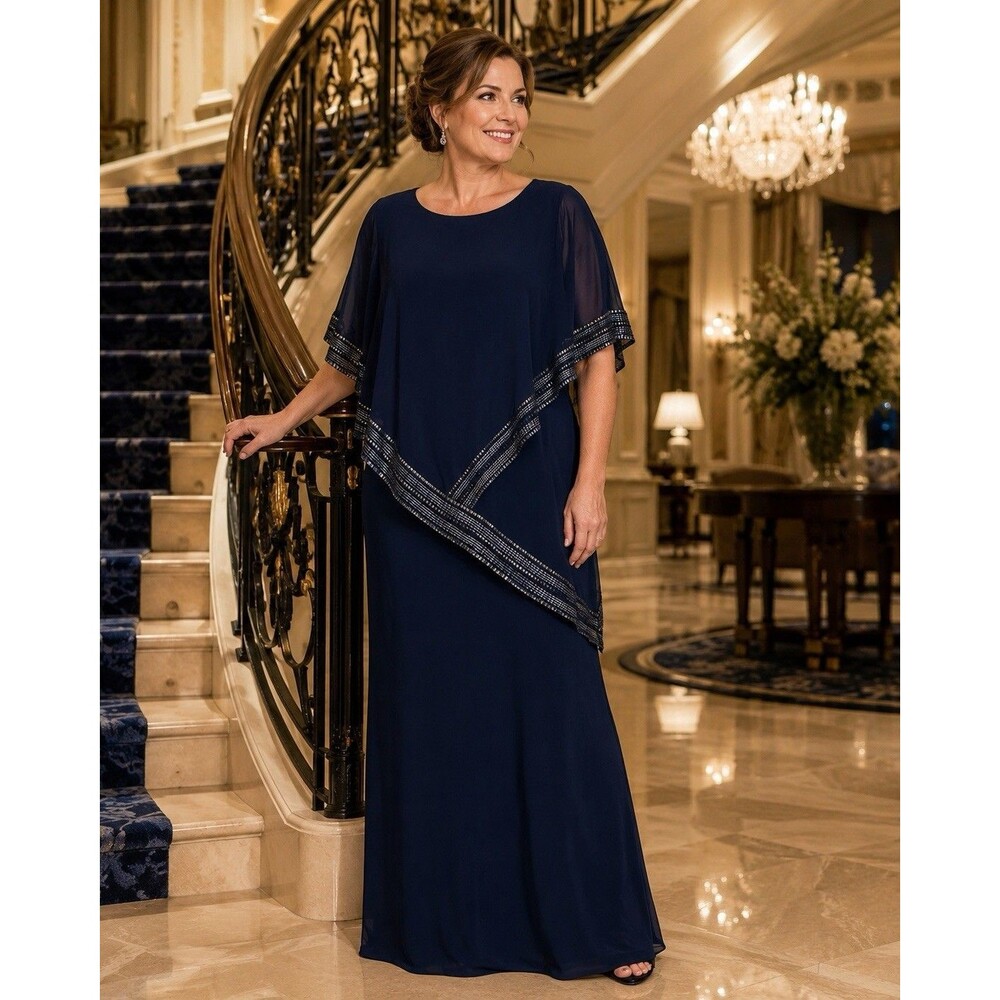 SLNY Navy Blue Beaded Cape Overlay Evening Gown Formal Dress Size 14 Elegant XL